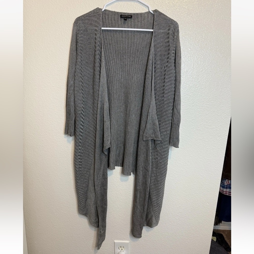 Eileen Fisher Women's Gray Linen/Silk Open Front Cardigan Sweater Size L